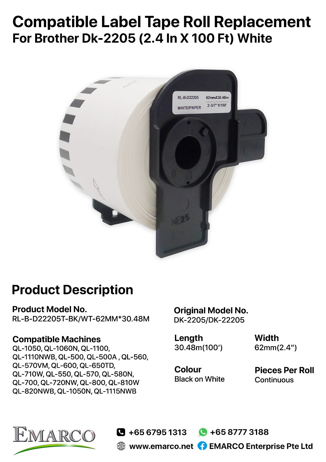 DK-22205/DK-2205 Continuous Address Paper Label Compatible with Brother QL-500 to QL-1110NWB