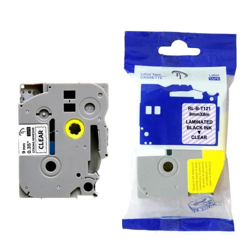 TZe 121 Compatible Tape for Brother Label Printers - Black on Clear (9mm x 8m)